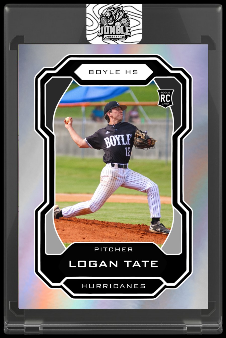 Custom baseball card for Logan Tate sealed in a Jungle Sports Cards acrylic keepsake case