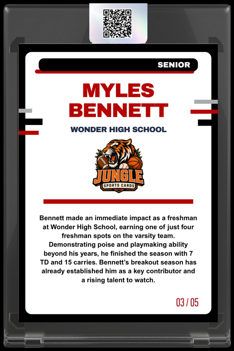 Back of the card showing the player bio, Jungle Sports Cards logo and serial number 03 of 05